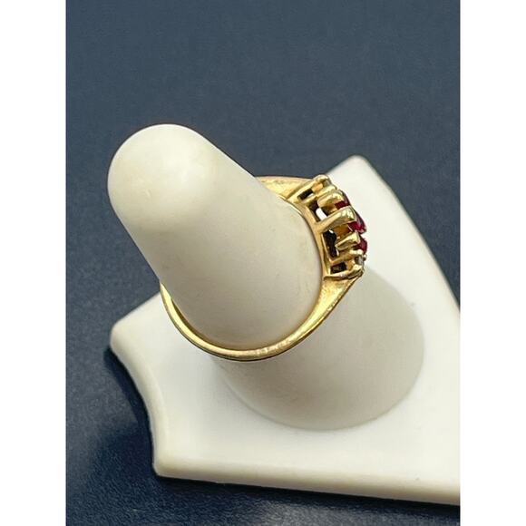 Tru Glo Vintage 14K Gold 3-Stone Ruby Diamond Accents Trilogy Ring Size 7 - Picture 4 of 14
